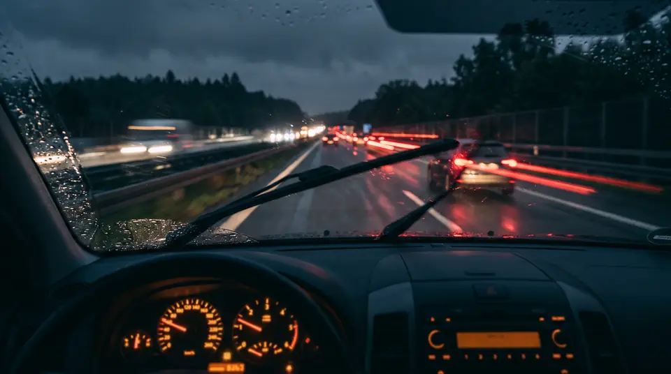 Blick durch die Windschutzscheibe auf eine Autobahn bei Nacht und Regen (KI-Visualisierung)